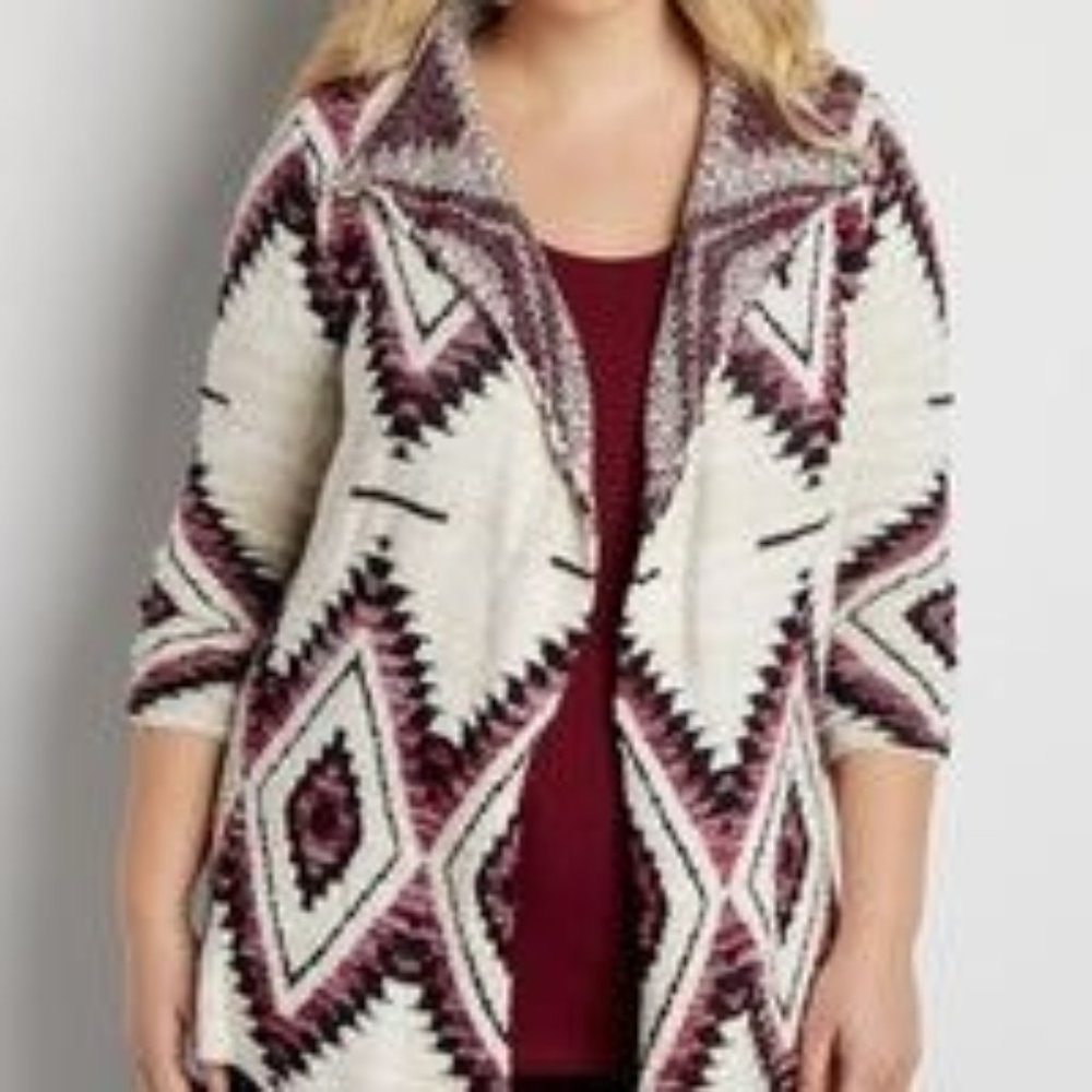 Maurices Ivory and Purple Aztec Tribal Open Front Cardigan Size XL